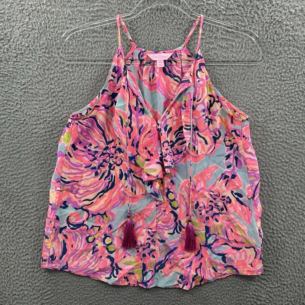 Lilly Pulitzer Top Womens XXS Lachelle Silk Tank Pink Blue Big Escapade Tassel